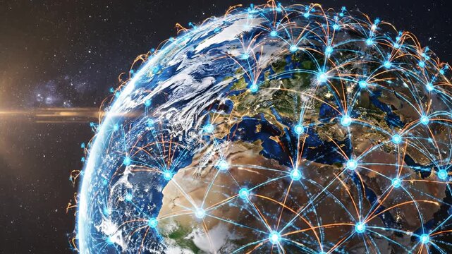 Earth from space with glowing nodes