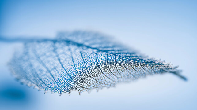 lungs. Close-up of delicate leaf veins resembling a natural network on a soft blue background. gardening catalogs, home-decor guides, designed for home decor and floral branding.