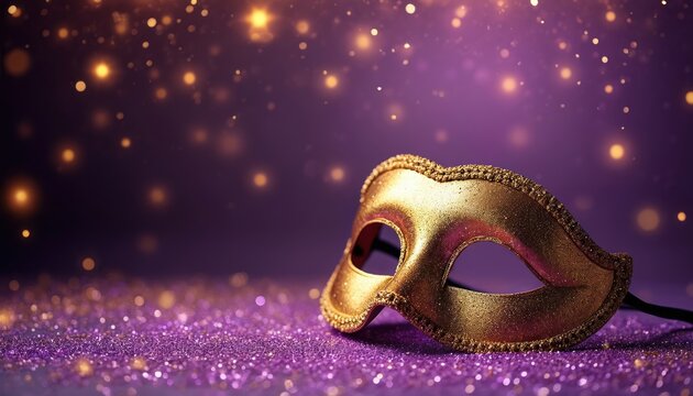 Golden masquerade mask sits on sparkly purple surface. Festive lights shine in background. This image suits parties, celebrations, holidays, and costume events. Great for Venetian carnival themes.