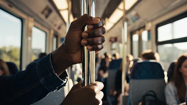 Close-up of a person holding onto a pole inside a moving public transport vehicle.