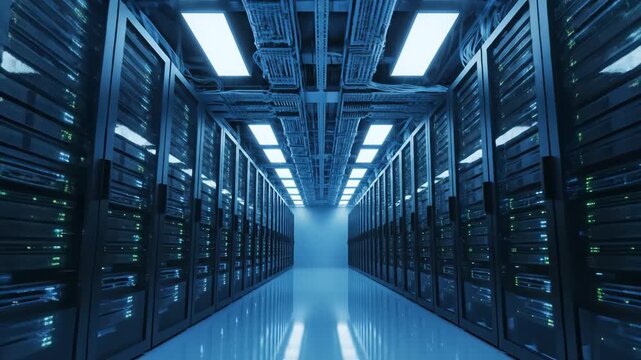 Rows of server racks in a data center