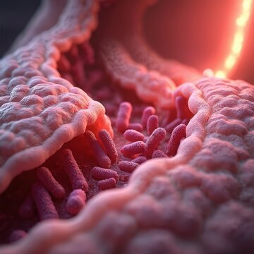 Microscopic view of intestine lining cells damaged, allowing bacteria to pass through. Intestinal permeability issue and gut health problem.
