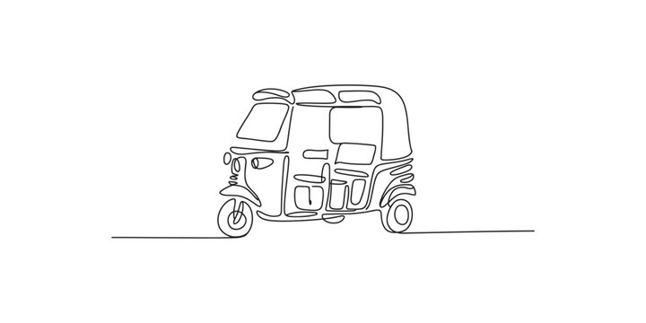 Continuous line drawing of a tuk tuk or auto rickshaw vehicle three wheeler illustration transportation