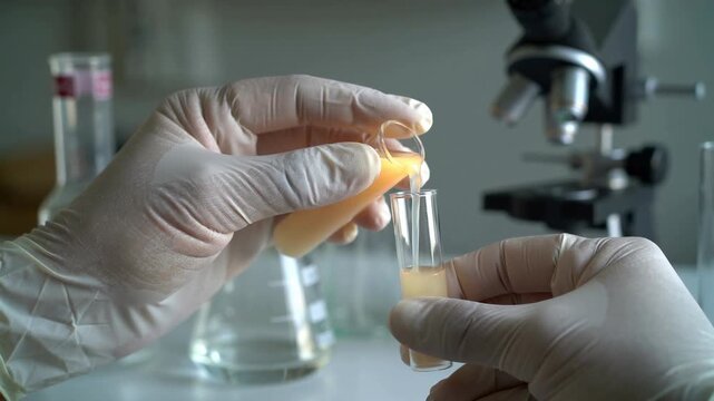 A scientist in a lab carefully holds a test tube with a yellow liquid, preparing for an experiment.