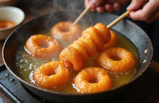 Peruvian picarones dessert made from sweet potato and pumpkin batter fried in oil. Doughnuts are golden brown and crispy. Served on skewers or on a plate with syrup. Traditional street food.