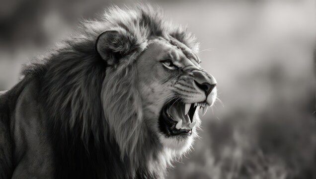 Dramatic black and white image of a lion roaring, showcasing its mane and powerful expression