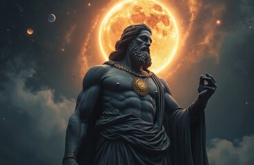 Obraz premium Muscular ancient Greek god Erebus stands against cosmic background with planets, large glowing sun. Wears dark robes, sun medallion. Divine figure represents primordial darkness, celestial power.