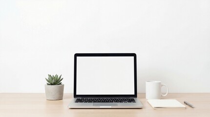 Fototapeta premium Minimalist office desk setup, on a white background, copy space for stock photo with minimal concept, No logo, No Trademark, No text