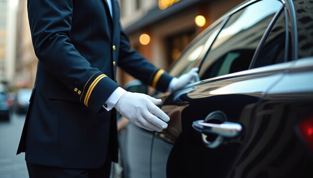 Valet in uniform opens luxury car door with white gloved hands. Offering pro transport service, this driver provides hospitality at upscale hotel entrance. Attendant ensures guest comfort and arrival.