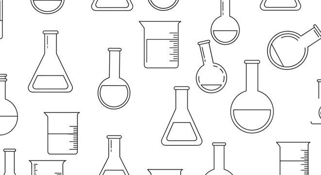 A seamless pattern of laboratory equipment in a minimalist line art style