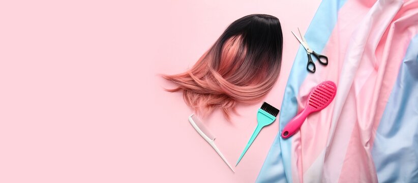 Wig, hairdressing supplies and transgender flag on pink background with space for text, top view