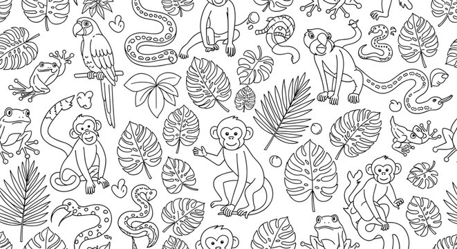 A black and white illustration of various jungle animals and leaves in a flat, minimalist design style