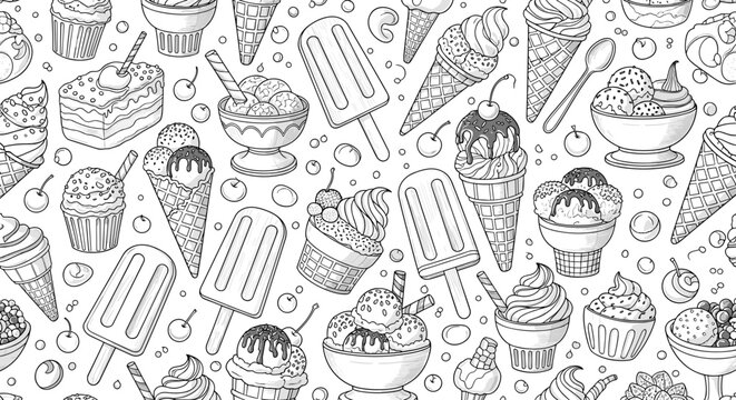 A seamless pattern of desserts and sweets in a minimalist line art style