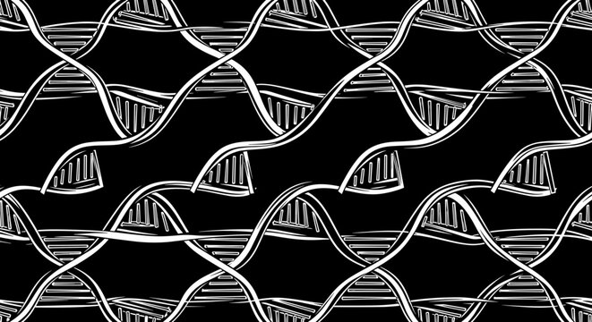 A black and white DNA double helix pattern vector graphic illustration