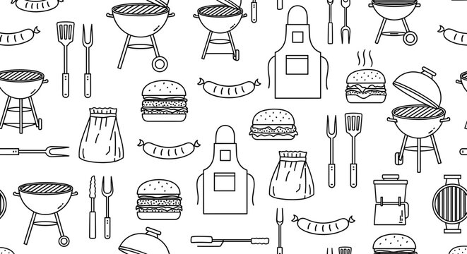 A seamless pattern of barbecue icons and utensils in a minimalist line art style