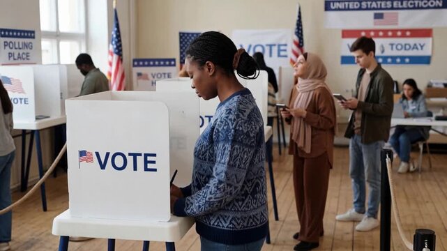 African american woman and other diverse voters casting ballot in voting booths at US polling place on election day, camera panning to the right