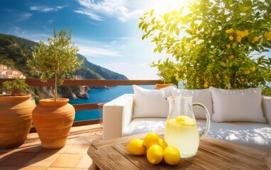 Fototapeta premium Bright Outdoor Lounge with Cushioned Sofa and Lemonade on Terrace