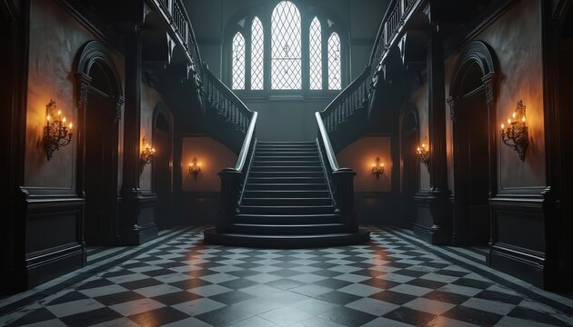 Grand dark mansion foyer features checkered floor gothic staircase ornate wall sconces. Elegant vintage interior design with dramatic lighting, spacious entryway, and classic architecture.