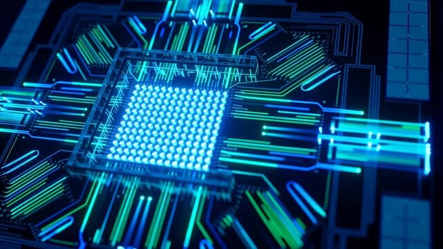Molecular Quantum Computing - Glowing Superconducting Processor Circuit Board Abstract