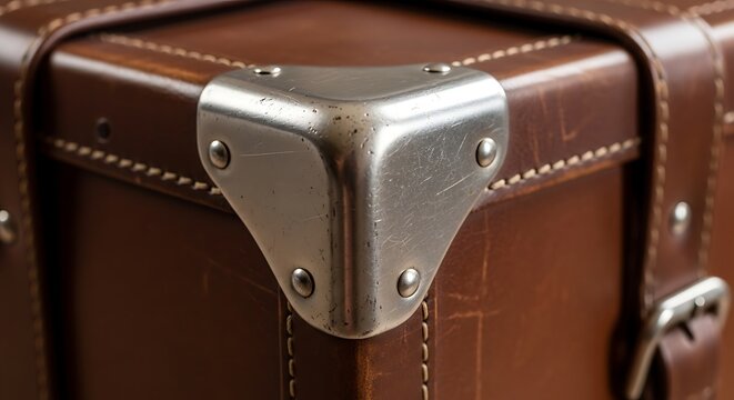 A close-up view of a brown leather suitcase with a silver metal corner bracket and stitching.