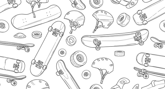A detailed illustration of various skateboard parts and tools in a minimalist line art style