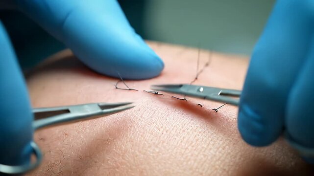 Close-up of surgical sutures being cut with sterile scissors during a medical procedure.
