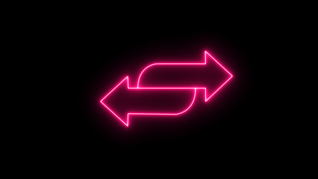 Glowing pink neon arrows in opposite directions showing exchange and direction on a black background with copy space
