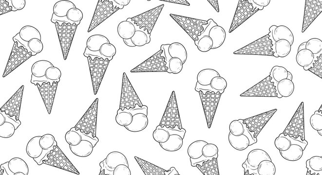 A seamless pattern of ice cream cones and scoops in a minimalist line art style