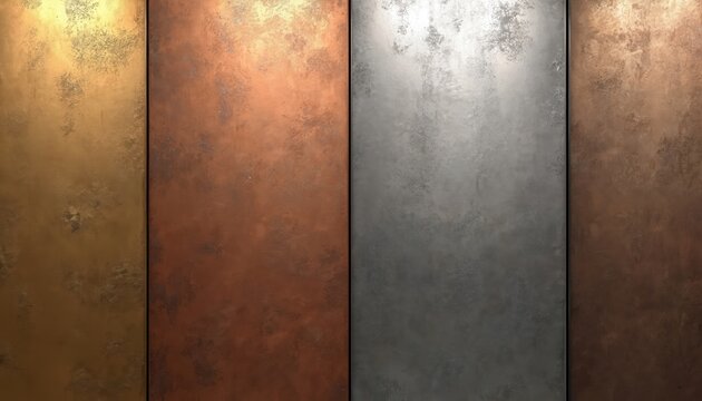 Four textured metal panels in gold, copper, silver, bronze finishes. Panel unique, aged surface with visible imperfections, varying light reflections. Suitable for backgrounds design elements.