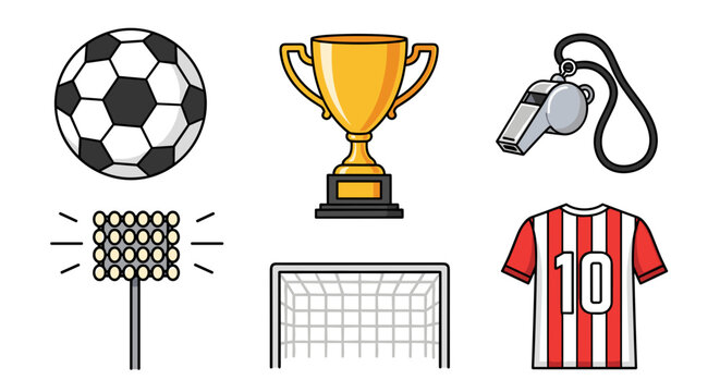 A set of soccer icons including a ball, trophy, whistle, referee flag, goal, and jersey