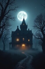 Fototapeta premium Creepy mansion with glowing windows stands under bright full moon. Foggy night surrounds desolate path leading to spooky house. Bare trees frame dark, eerie scene.