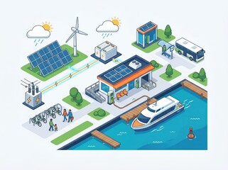 Obraz premium Innovative urban landscape of renewable energy solutions showcasing solar panels, wind turbines, electric vehicles, and sustainable transportation options for a greener future