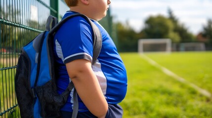Naklejka premium Child in Sports Jersey with Backpack Standing by Soccer Field