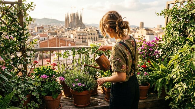 Woman Watering Flowers on Balcony Celebrating First Day of Spring in Barcelona Cityscape
