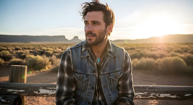 Rugged Man Sitting On Fence At Sunset