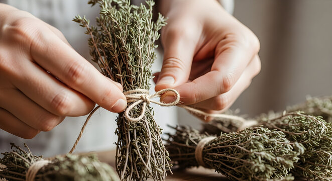 Hands Tying A Bundle Of Dried Herbs With Twine On A Wooden Surface In A Cozy Kitchen Setting
