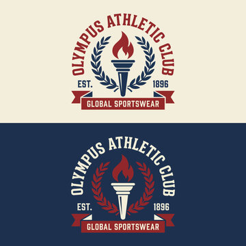 This logo showcases the Olympus Athletic Club's emblem featuring a torch amidst laurels, signifying sport, tradition, and community since 1896 in a classic style.