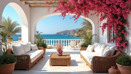 Naklejka premium White cushioned wicker sofas on Mediterranean terrace with sea view. Pink bougainvillea flowers bloom above plants and rattan furniture. Ocean coast scene with sunny day.
