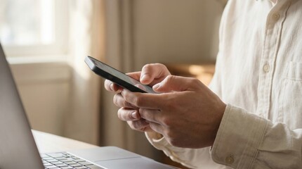 Fototapeta premium Close up of male hands typing on a dark smartphone with blurred laptop on desk