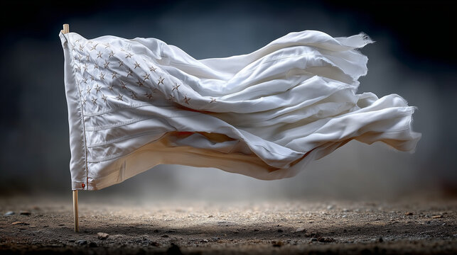 Surrender Flag in the Wind: A tattered white flag, representing surrender, billows dramatically in the wind against a stark, desolate landscape, symbolizing a moment of defeat.