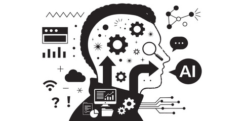 Obraz premium A black and white vector graphic illustration of a human head filled with gears and symbols representing artificial intelligence and technology concepts
