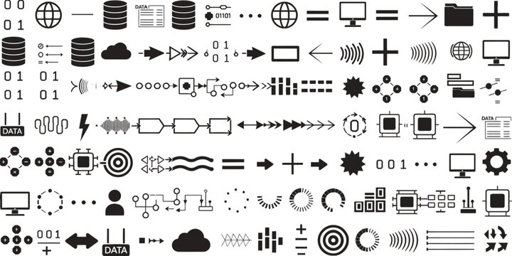 A collection of black and white vector icons depicting various digital and data-related symbols on a transparent background