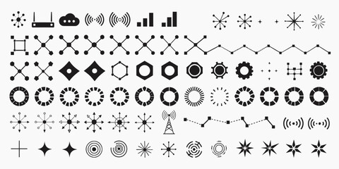 Obraz premium A collection of various black vector graphic icons and symbols on a white background including gears, stars, and other geometric shapes