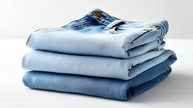 Folded Denim Display: A neat stack of folded denim jeans in varying shades of blue, showcasing the timeless appeal and versatility of this wardrobe staple.