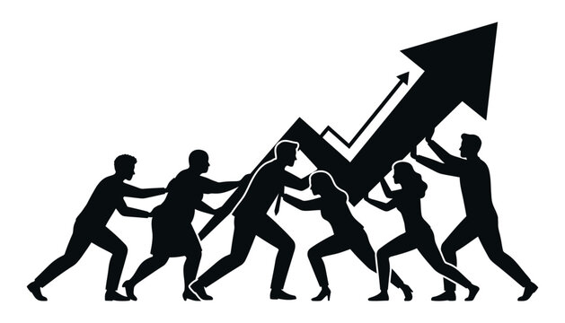 Silhouette of diverse group of people pushing and pulling a large upward trending graph with an arrow