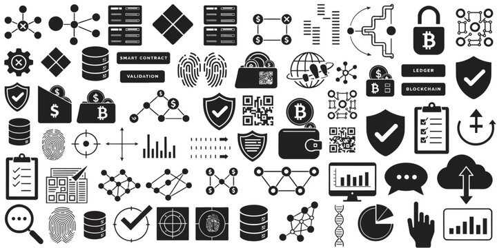 A collection of black and white vector icons representing various concepts related to technology, finance, and security on a white background