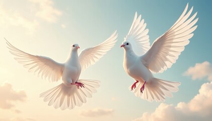 Obraz premium Two white doves fly gracefully against a blue sky with clouds. Birds spread their wings in a symbol of peace and freedom. Gentle flight toward horizon in soft light.