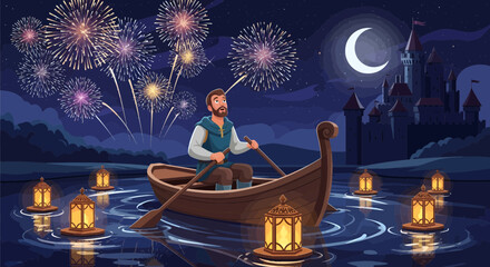 Obraz premium Man rowing boat with lanterns and fireworks.