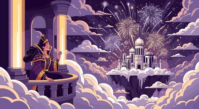 Majestic King Gazing at Floating City Fireworks.