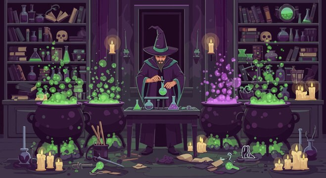Mysterious Wizard Concentrating on Potion Brewing.